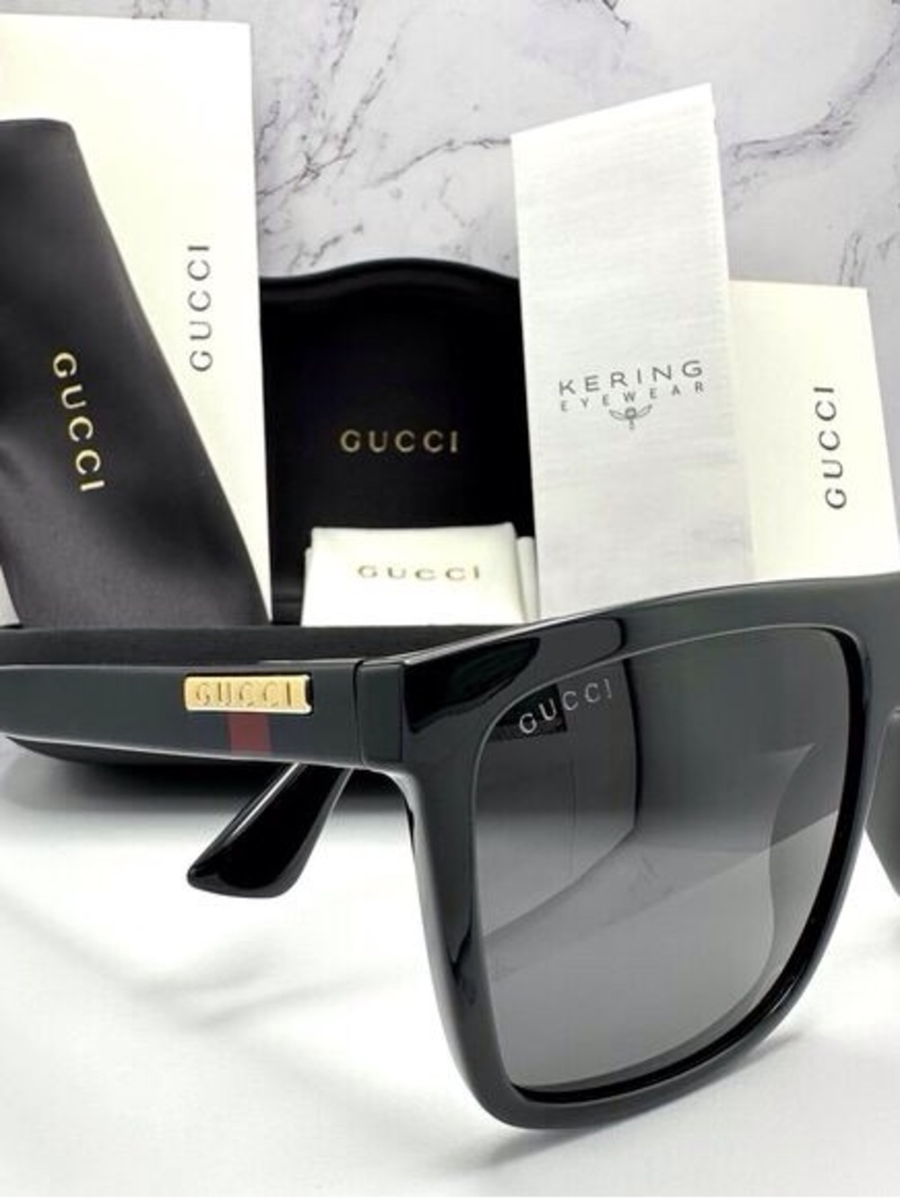 New GUCCI Sunglasses Black Square Aviator Gold Plate Engraved Logo Web Arm GUCCI
